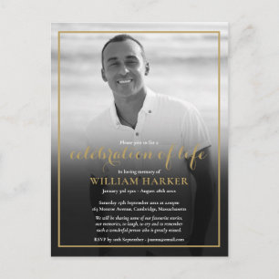 Gold Funeral Black and White Photo Invitation Postcard