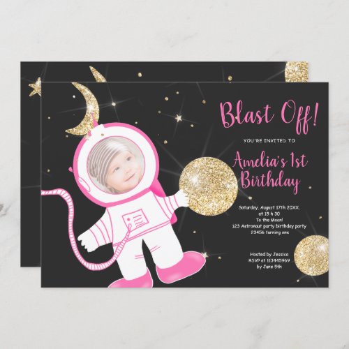 Gold funny astronaut girl pink 1st birthday party invitation