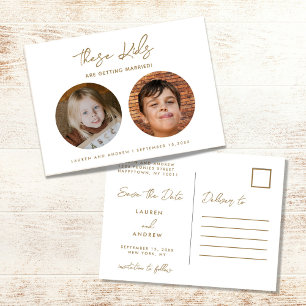 Gold Funny Kids Photo Script Wedding Save the Date Announcement Postcard