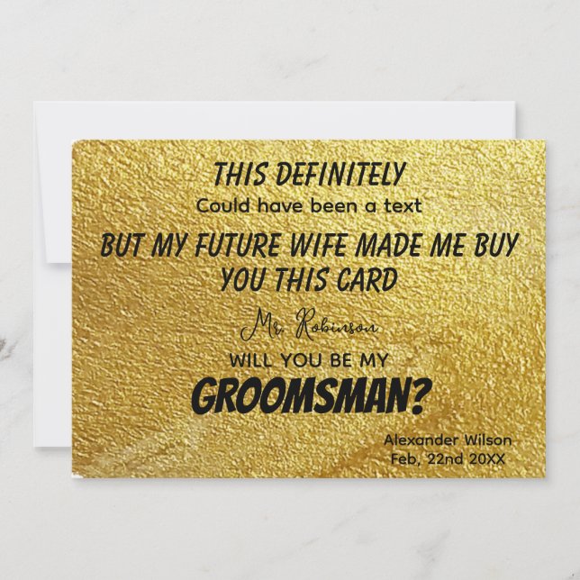 Gold Funny Modern Personalized Groomsmen  Invitation (Front)