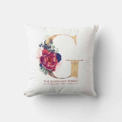 Gold G Monogram Floral Burgundy Red and Navy Blue Throw Pillow