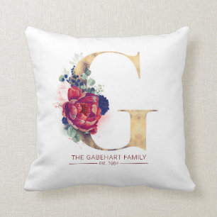 Gold G Monogram Floral Burgundy Red and Navy Blue Throw Pillow