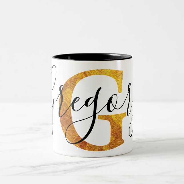 Gold 'G' Monogram w/ Personalized Name Two-Tone Coffee Mug (Center)