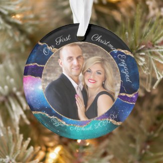 Gold Galaxy Our First Christmas Engaged Photo Ornament