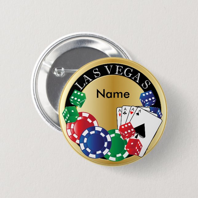 Gold Gambler Las Vegas - Dice, Cards, Poker Chips Button (Front & Back)