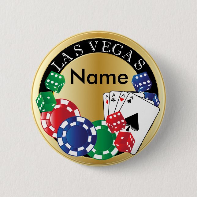 Gold Gambler Las Vegas - Dice, Cards, Poker Chips Pinback Button (Front)