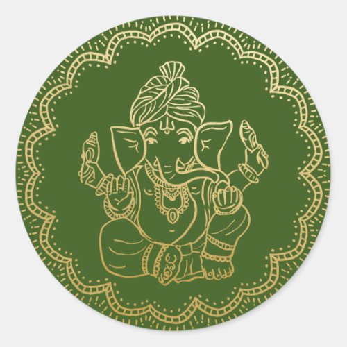 Gold Ganesh  Indian God Green Wedding Classic Round Sticker