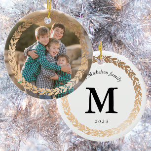 Gold Garland Elegant Photo and Monogrammed White Ceramic Ornament