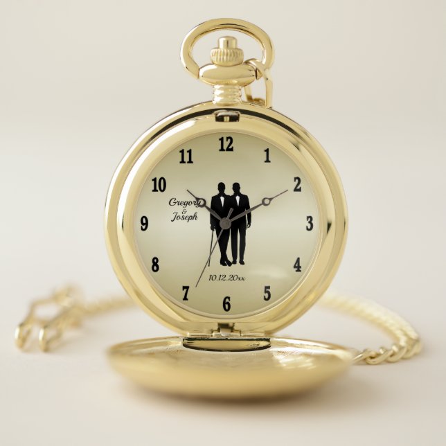 Gold Gay Wedding Grooms with Names and Date Pocket Watch (Inside)