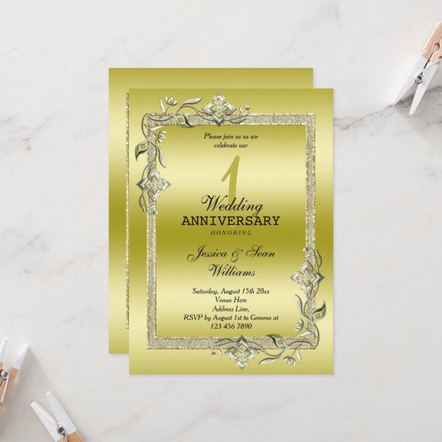 Gold Gem & Glitter 1st Wedding Anniversary Invitation (Front/Back In Situ)