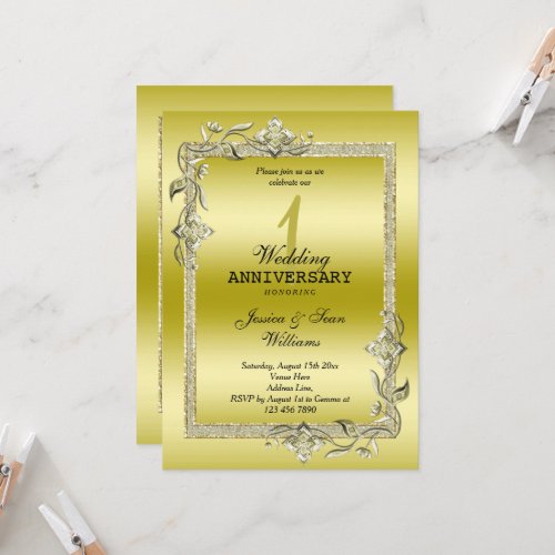 Gold Gem  Glitter 1st Wedding Anniversary Invitation