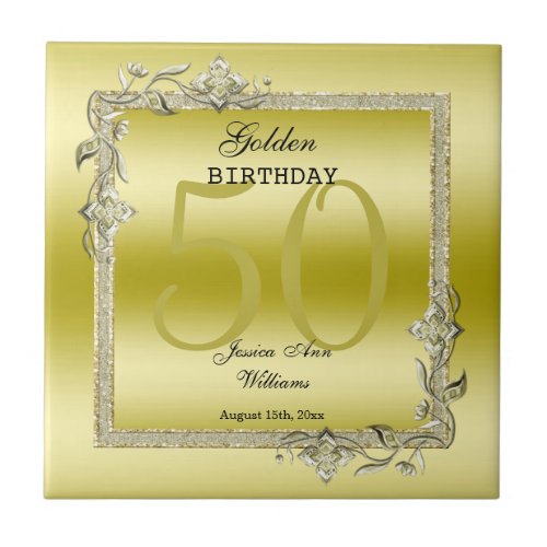 Gold Gem  Glitter 50th Golden Birthday Ceramic Tile