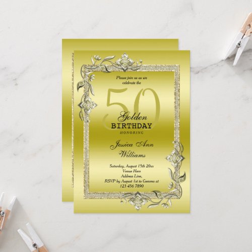 Gold Gem  Glitter 50th Golden Birthday Party Invitation