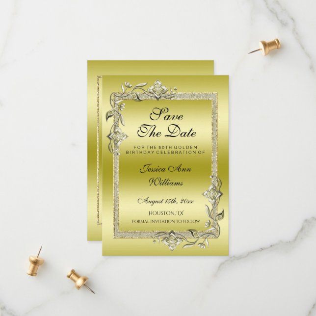 Gold Gem & Glitter 50th Golden Birthday Party Save The Date (Front/Back In Situ)