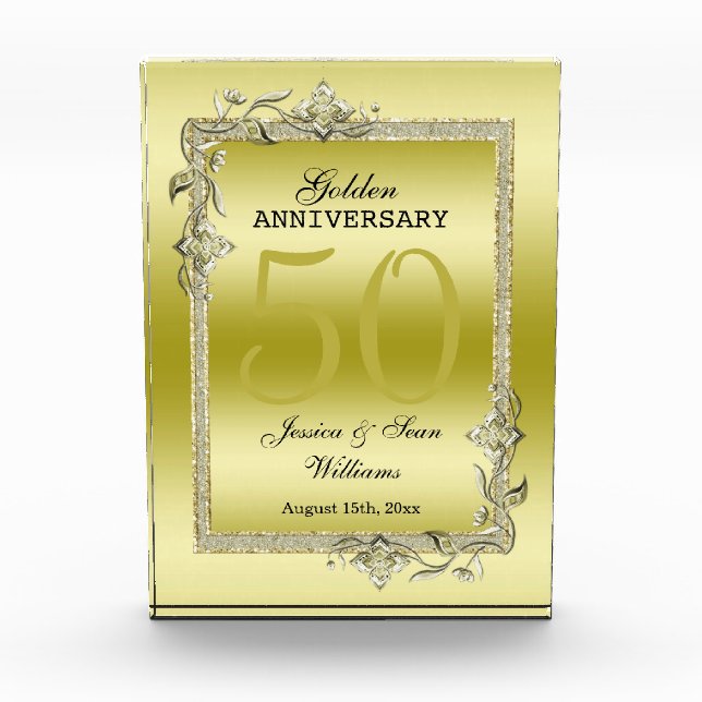 Gold Gem & Glitter 50th Golden Wedding Anniversary Acrylic Award (Front)
