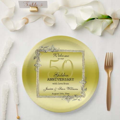 Gold Gem  Glitter 50th Golden Wedding Anniversary Paper Plates