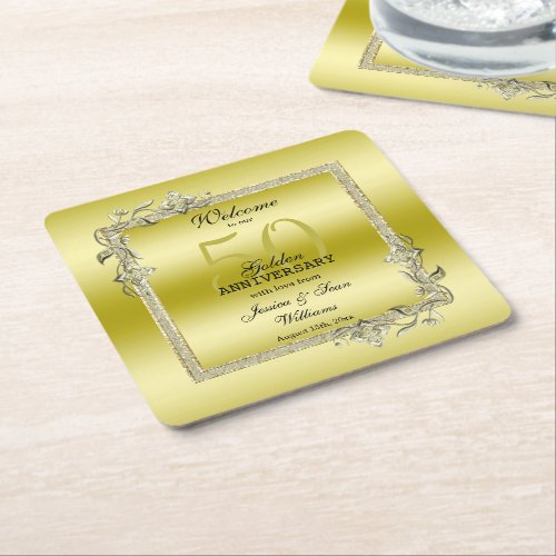 Gold Gem  Glitter 50th Golden Wedding Anniversary Square Paper Coaster