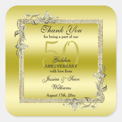 Gold Gem  Glitter 50th Golden Wedding Anniversary Square Sticker