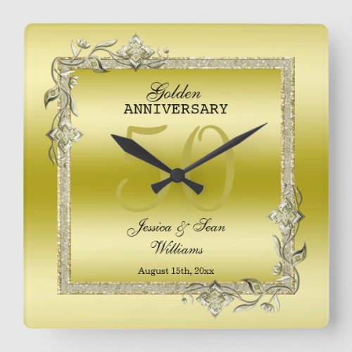 Gold Gem  Glitter 50th Golden Wedding Anniversary Square Wall Clock