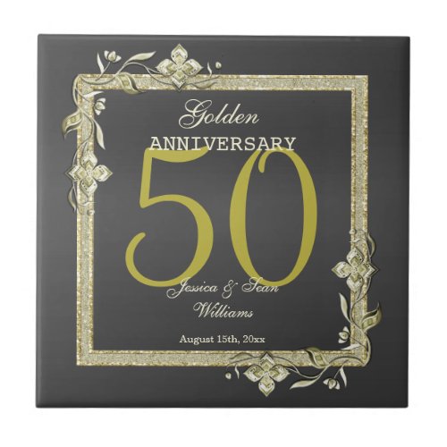 Gold Gem  Glitter 50th Golden Wedding  Ceramic Tile