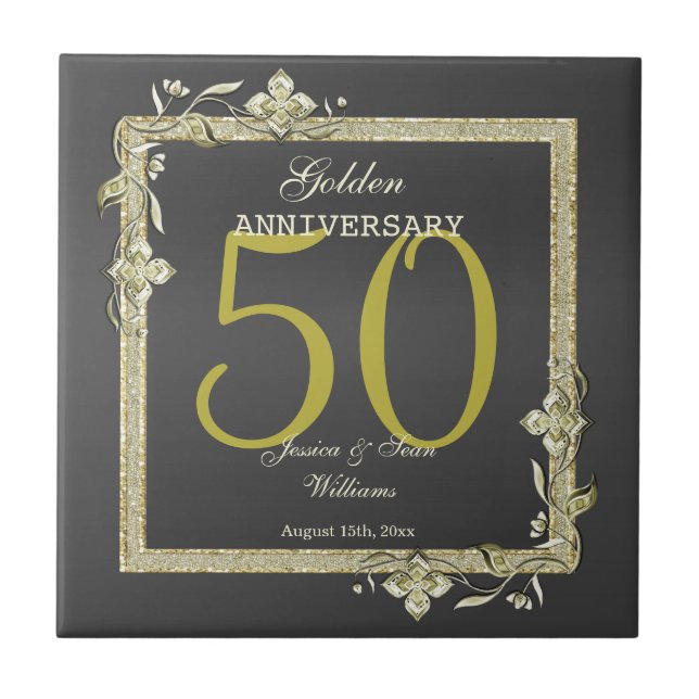 Gold Gem & Glitter 50th Golden Wedding  Ceramic Tile (Front)