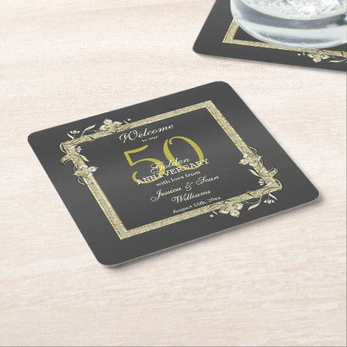 Gold Gem  Glitter 50th Golden Wedding  Square Paper Coaster