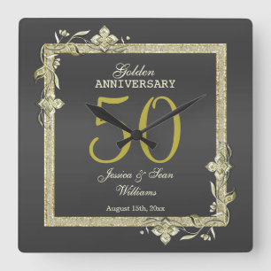 Gold Gem & Glitter 50th Golden Wedding  Square Wall Clock
