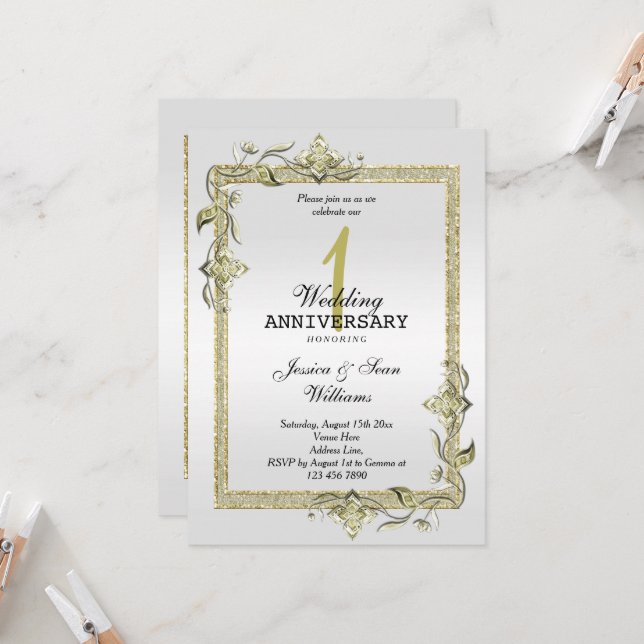 Gold Gem, Glitter & Platinum 1st Wedding    Invitation (Front/Back In Situ)
