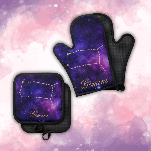 Gold Gemini Constellation on Dark Galaxy | Oven Mitt & Pot Holder Set (Creator Uploaded)