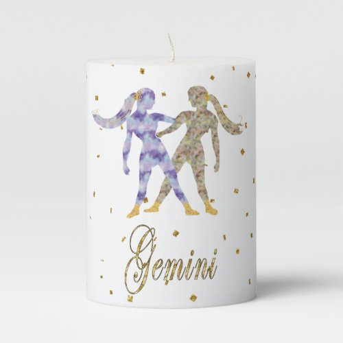 Gold Gemini Gold Confetti Custom Name  Date Pillar Candle