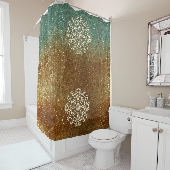Gold Gems on Shimmery Gold Green Shower Curtain (In Situ)