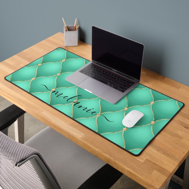 Gold Gemstone Tuft Teal Desk Mat with Custom Name (Office 2)