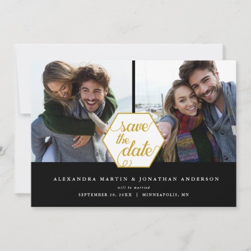 Gold Geometric 2 Photos Black Save the Date