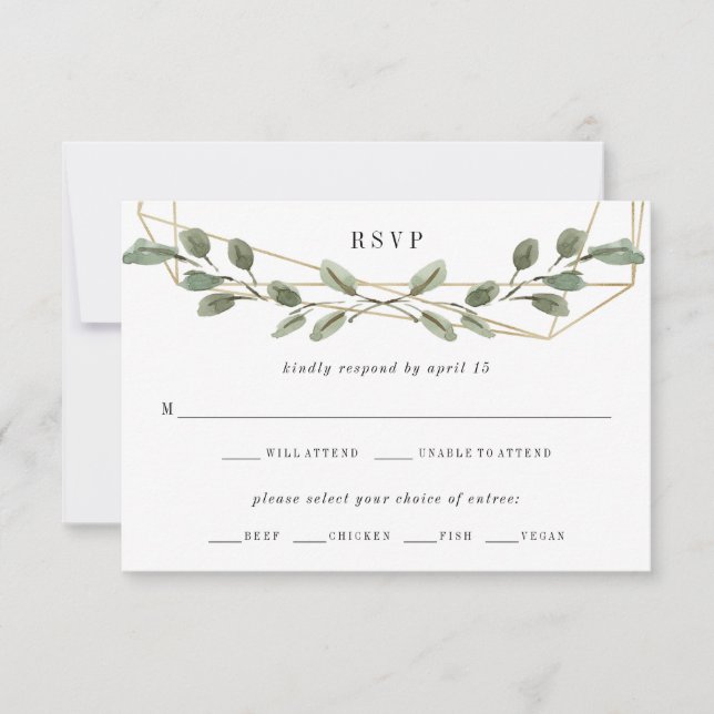 Gold Geometric and Greenery | Wedding Meal Choice RSVP Card (Front)