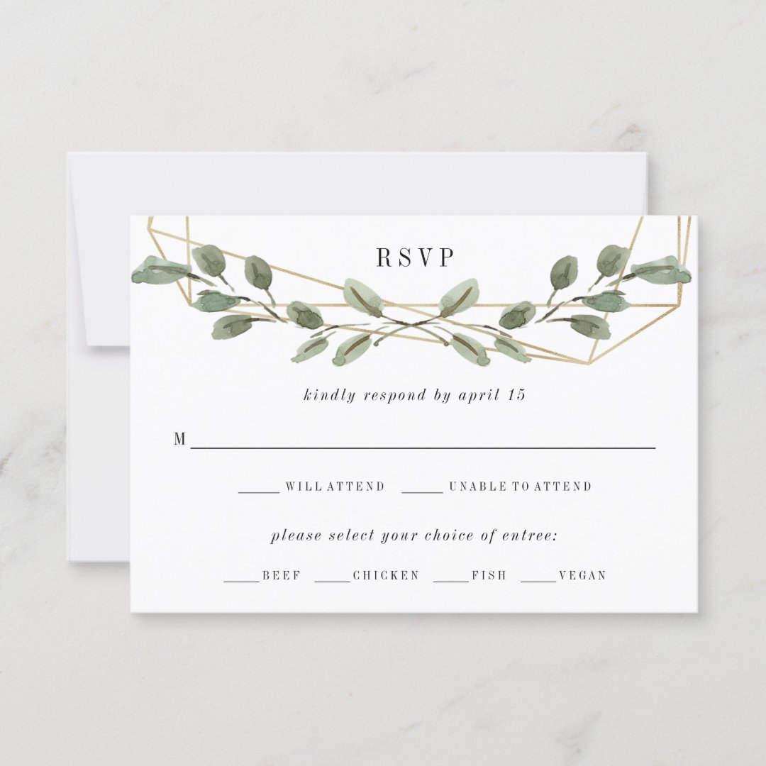 Gold Geometric and Greenery | Wedding Meal Choice RSVP Card | Zazzle