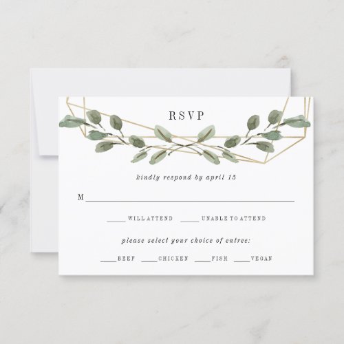 Gold Geometric and Greenery  Wedding Meal Choice RSVP Card