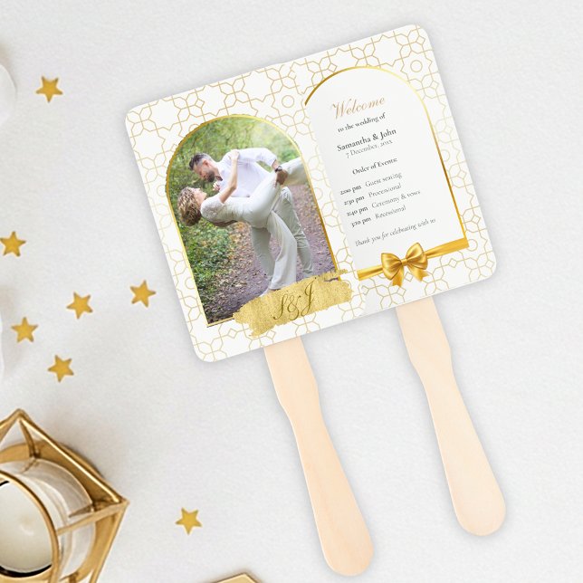 Gold Geometric Arch Wedding Ceremony Fan Program (Gold & Ivory Geometric Art Deco Wedding Program Fan)