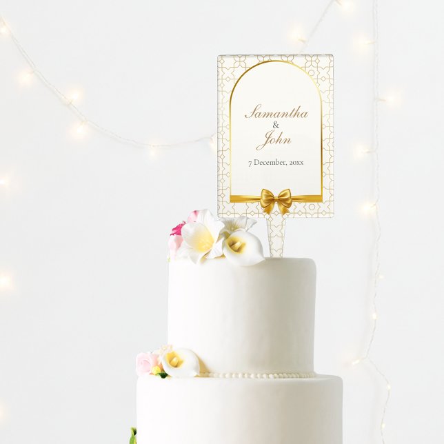 Gold Geometric Arch with Bow Wedding Cake Topper (Gold & Ivory Geometric Art Deco Wedding Cake Topper)