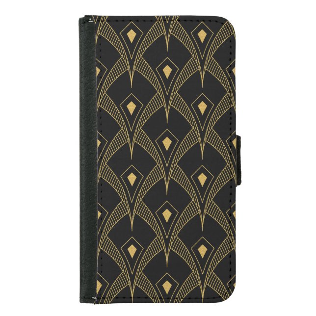 Gold geometric art-deco pattern on black samsung galaxy wallet case (Front)