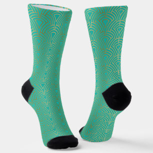 Gold geometric Art Deco pattern on blue-green Socks