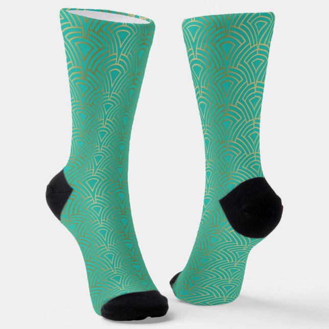 Gold geometric Art Deco pattern on blue-green Socks (Angled)