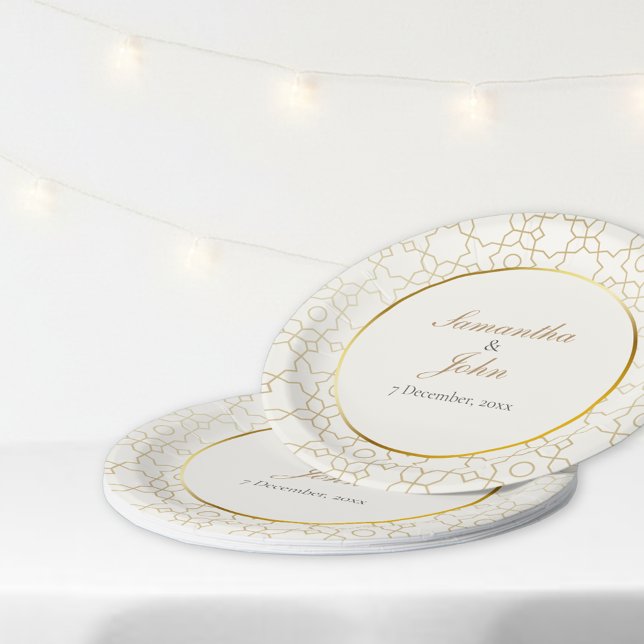 Gold Geometric Art Deco Pattern Wedding Paper Plates (Gold & Ivory Geometric Art Deco Wedding Paper Plate)