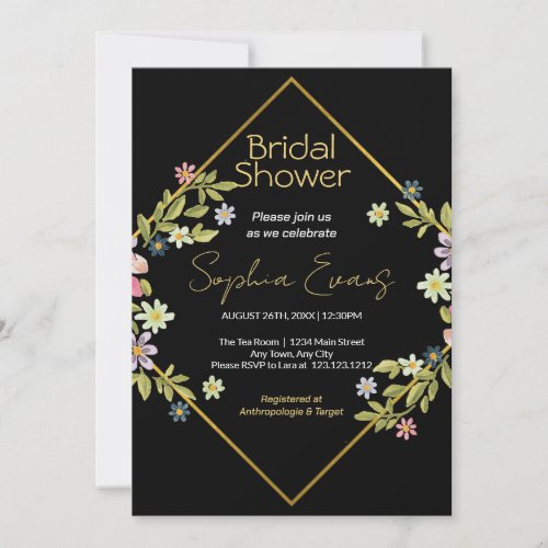 Gold Geometric Black Floral Bridal Shower Invitation