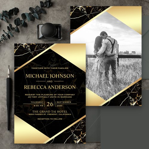 Gold Geometric Black Marble Photo Wedding Invitation