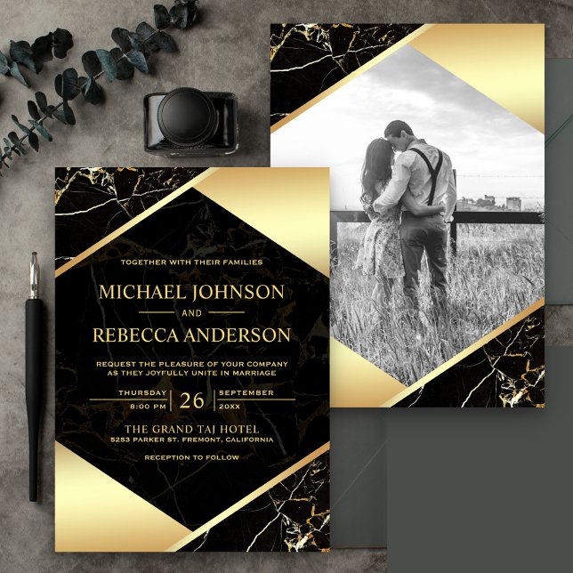 Gold Geometric Black Marble Photo Wedding Invitation (Creator Uploaded)