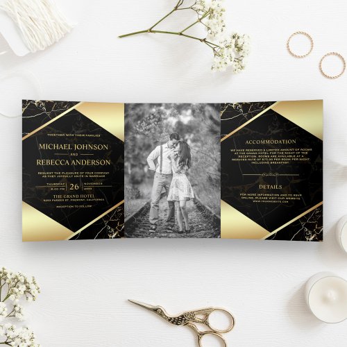 Gold Geometric Black Marble Photo Wedding Tri_Fold Invitation