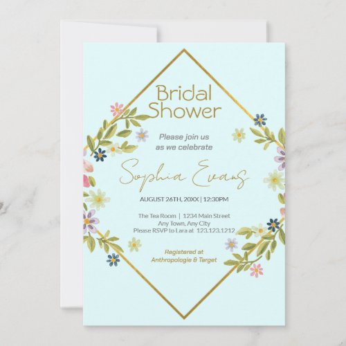 Gold Geometric Blue Floral Bridal Shower Invitation