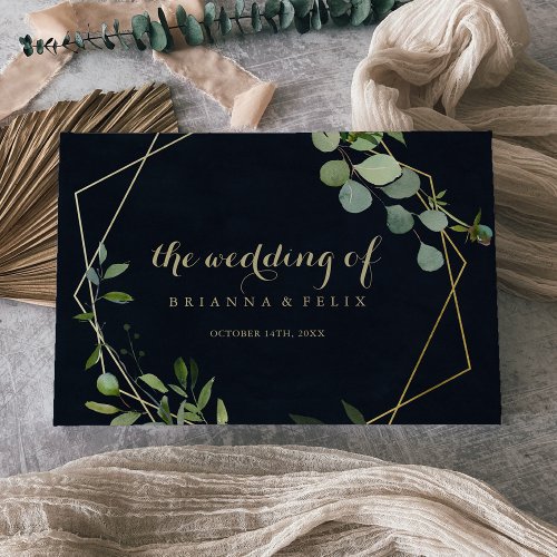 Gold Geometric Blue Green Calligraphy Wedding  Guest Book