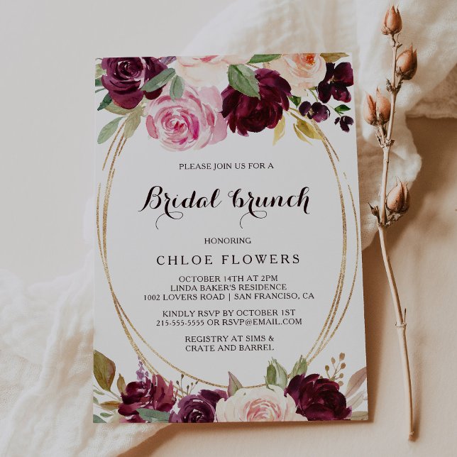 Gold Geometric Blush Burgundy Floral Bridal Brunch Invitation (Creator Uploaded)
