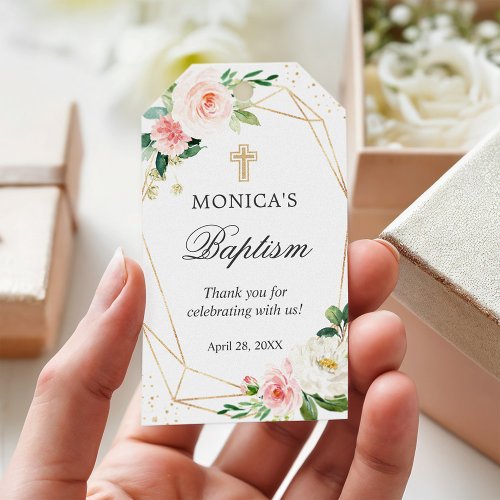 Gold Geometric Blush Floral Baptism  Christening Gift Tags